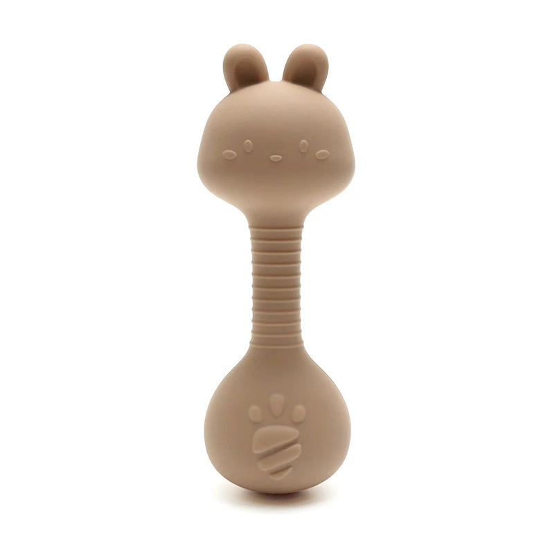 Food-Grade Baby Bunny Silicone Rattle Teether – Dumbbell Shape for Easy Grip, Handheld Toy for Infants