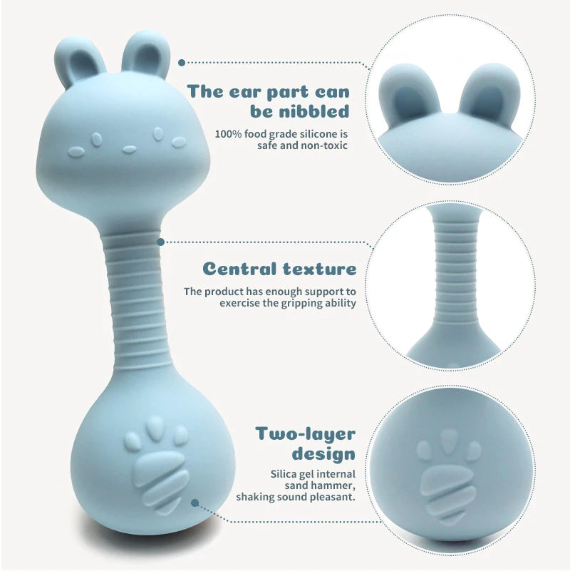 Food-Grade Baby Bunny Silicone Rattle Teether – Dumbbell Shape for Easy Grip, Handheld Toy for Infants