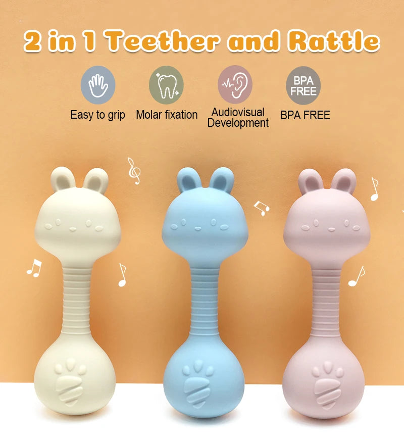 Food-Grade Baby Bunny Silicone Rattle Teether – Dumbbell Shape for Easy Grip, Handheld Toy for Infants