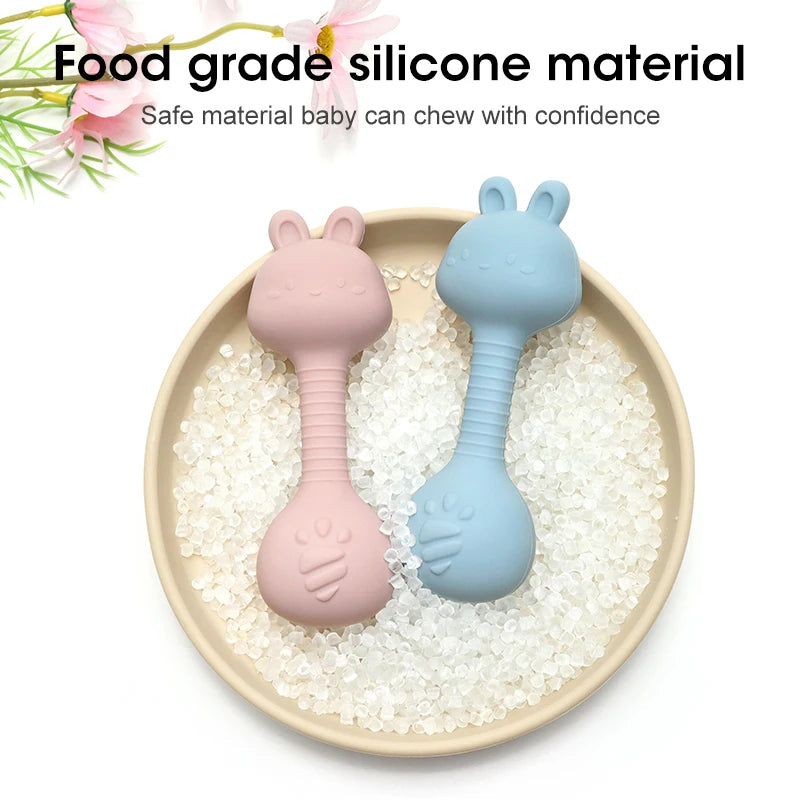 Food-Grade Baby Bunny Silicone Rattle Teether – Dumbbell Shape for Easy Grip, Handheld Toy for Infants
